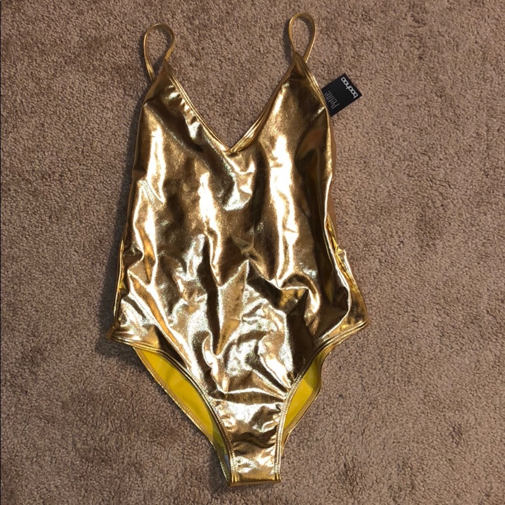 Boohoo petite gold one piece swim suit